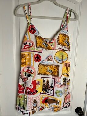 Vintage Y2K Nick & Nora Colorful Travel Print Postcard Chemise Ruffle Hem Nighty